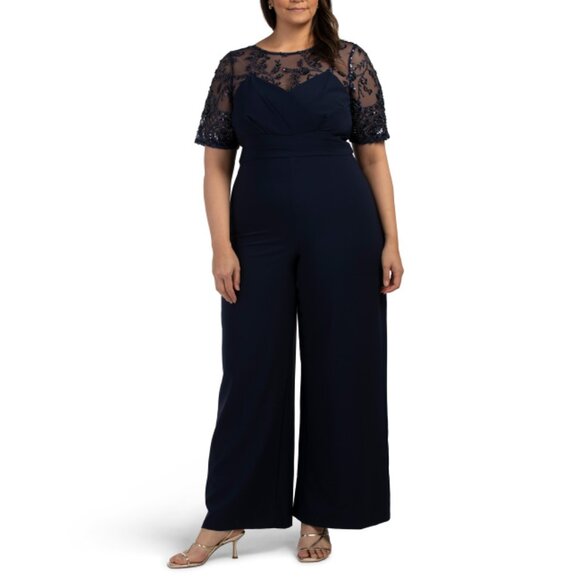 JS COLLECTIONS Navy Elbow Sleeve Embroidered Top Jumpsuit - Picture 1 of 2
